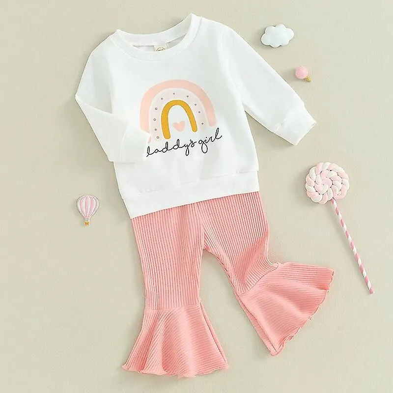 0731 03y Toddler Kids Fall Pants Sets Long Sleeve Letter Rainbow Print Sweatshirt Tops Flared Pants Setskids Outfit Sets