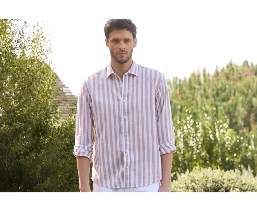 Camel & White striped cotton linen shirt - BRUNIEN