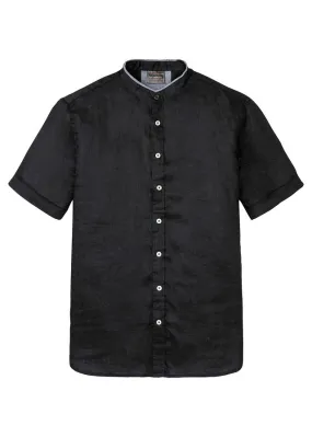 Camisa de lino con manga corta y cuello alto Negro