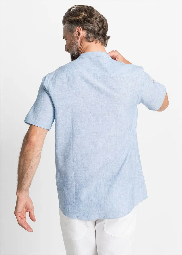 Camisa de lino de manga corta con cuello alto Azul claro jaspeado