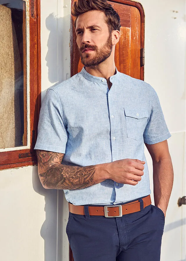 Camisa de lino de manga corta con cuello alto Azul claro jaspeado