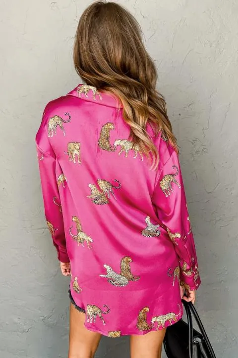 Camisa larga con estampado de guepardo, rosa