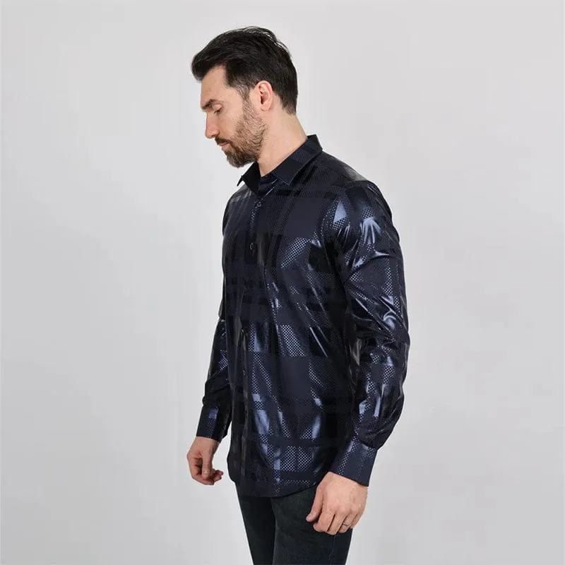 Camisa Platini Modern Fit Stretch Foiled Navy Long Sleeve