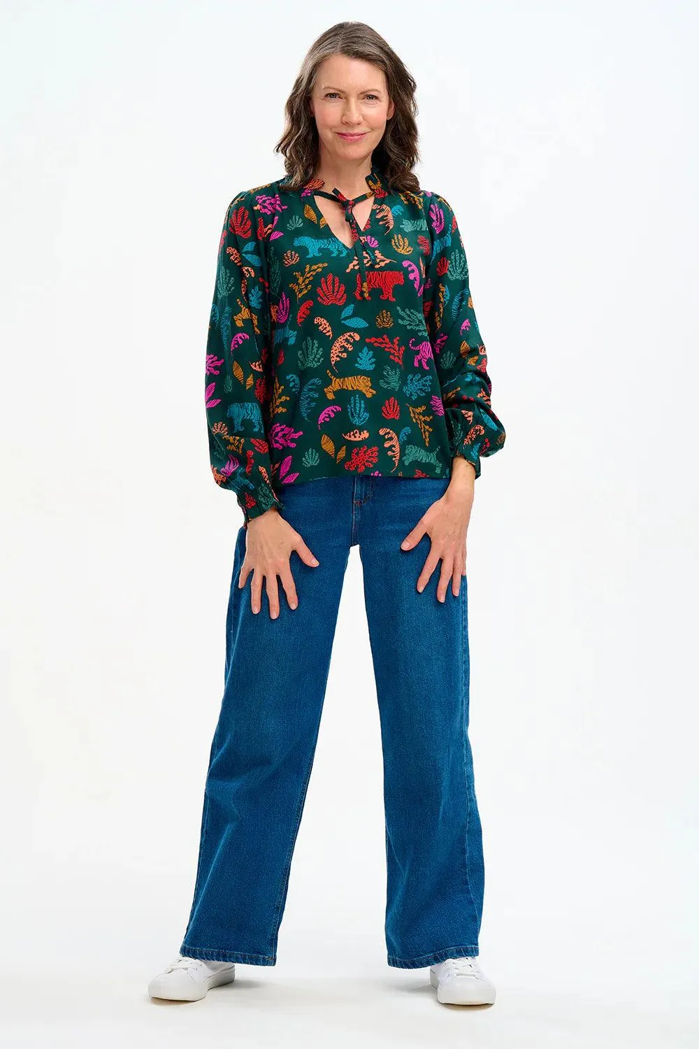 Camisa Sugarhill Candice Frill Dark Green Tiger Cutouts