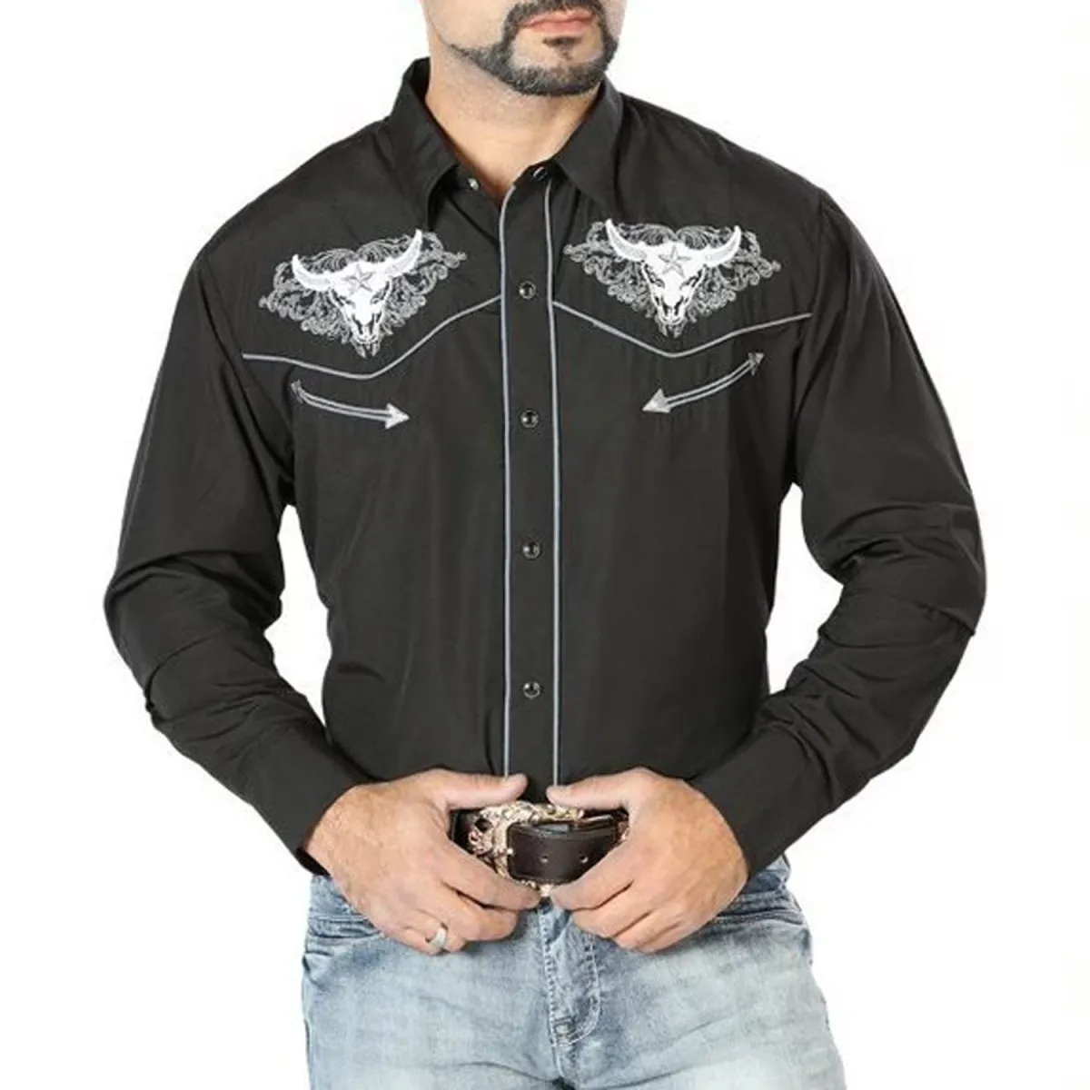 Camisa Vaquera Bordada El Seor de los Cielos Negra GEN-126676