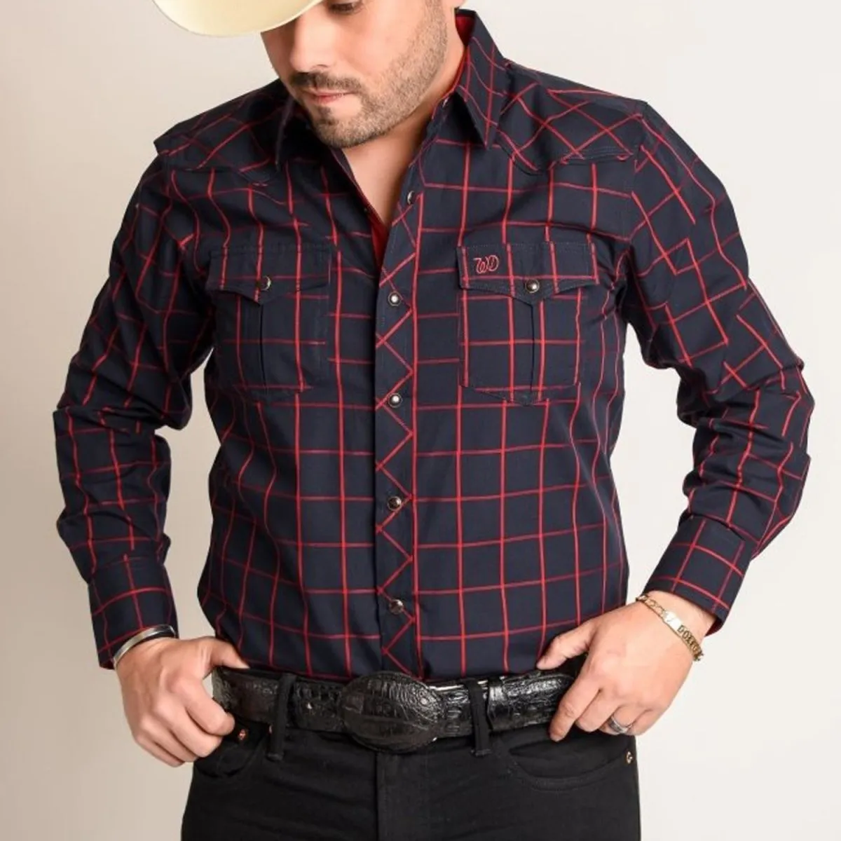 Camisa Vaquera White Diamonds Color Rojo a Cuadros WD-899