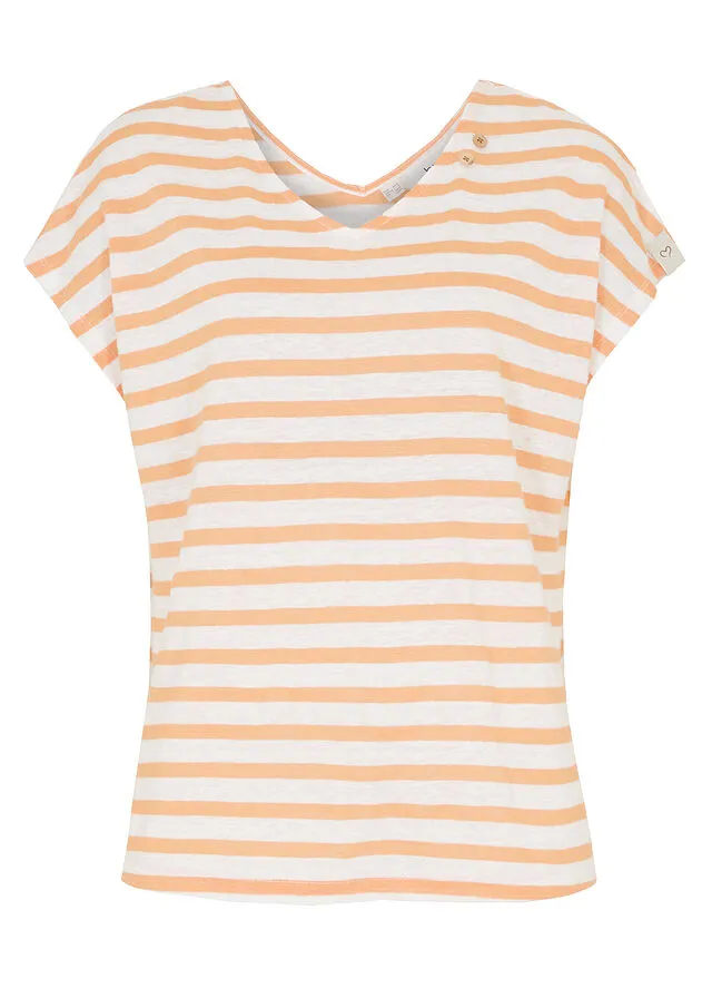 Camiseta de lino con mangas de murciélago y escote en V Naranja suave-blanco de rayas