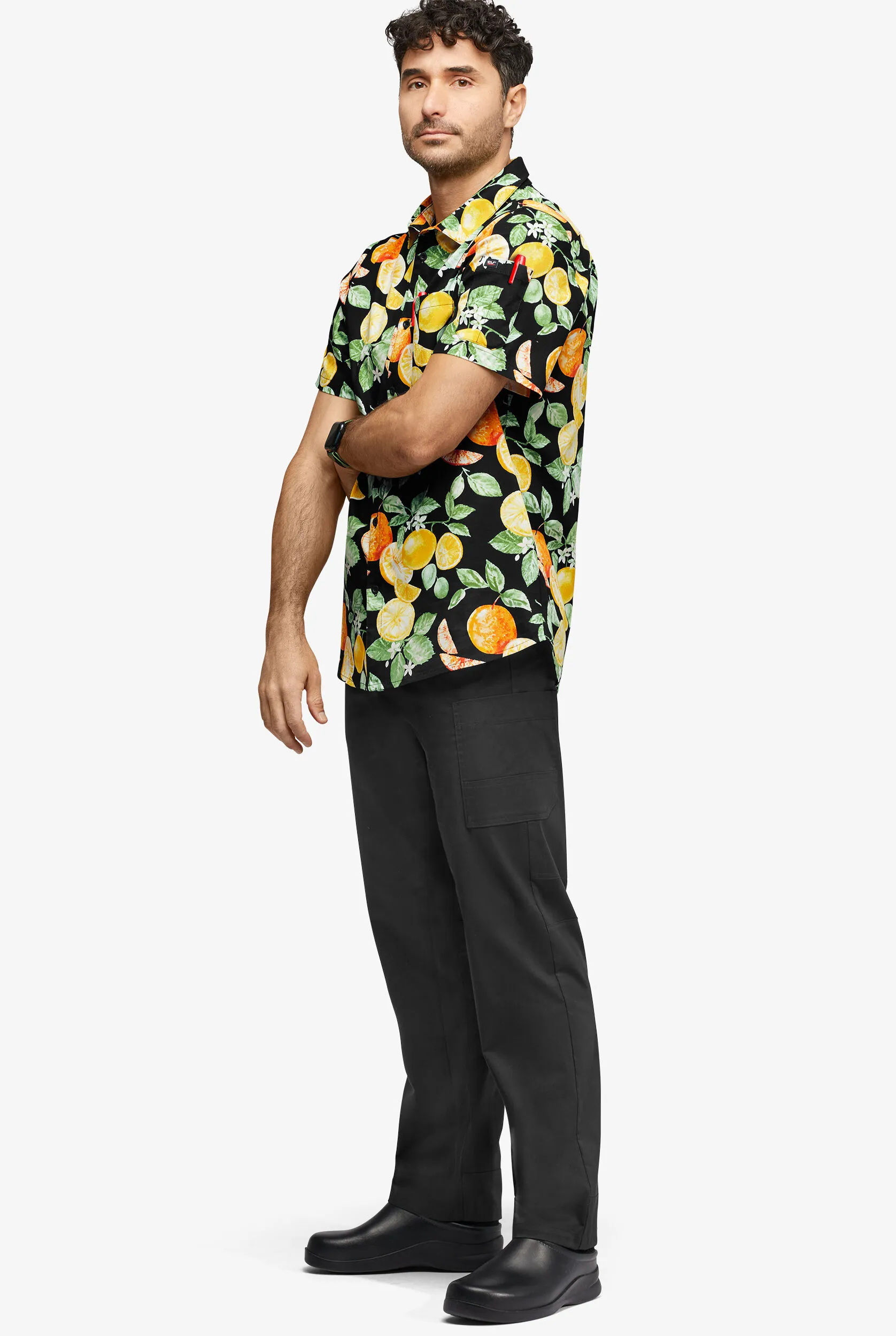 CHEF 360 Men's Short Sleeve Citrus Harvest Print Stretch Shirt