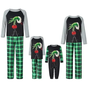 Christmas Family Matching Pajamas Set, Long Sleeve Elf Hand Print Tops With Plaid Pants Sleepwear Loungewear