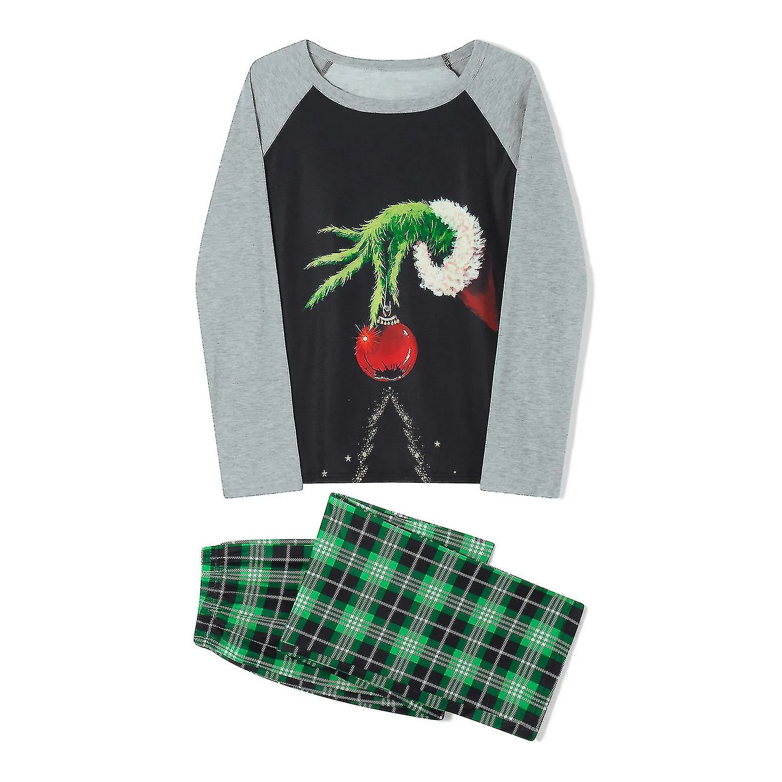 Christmas Family Matching Pajamas Set, Long Sleeve Elf Hand Print Tops With Plaid Pants Sleepwear Loungewear