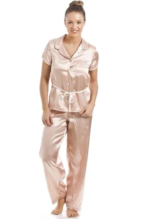 Conjunto de pijama de satén con cinturón Camille Salmon Pink de manga corta para mujer