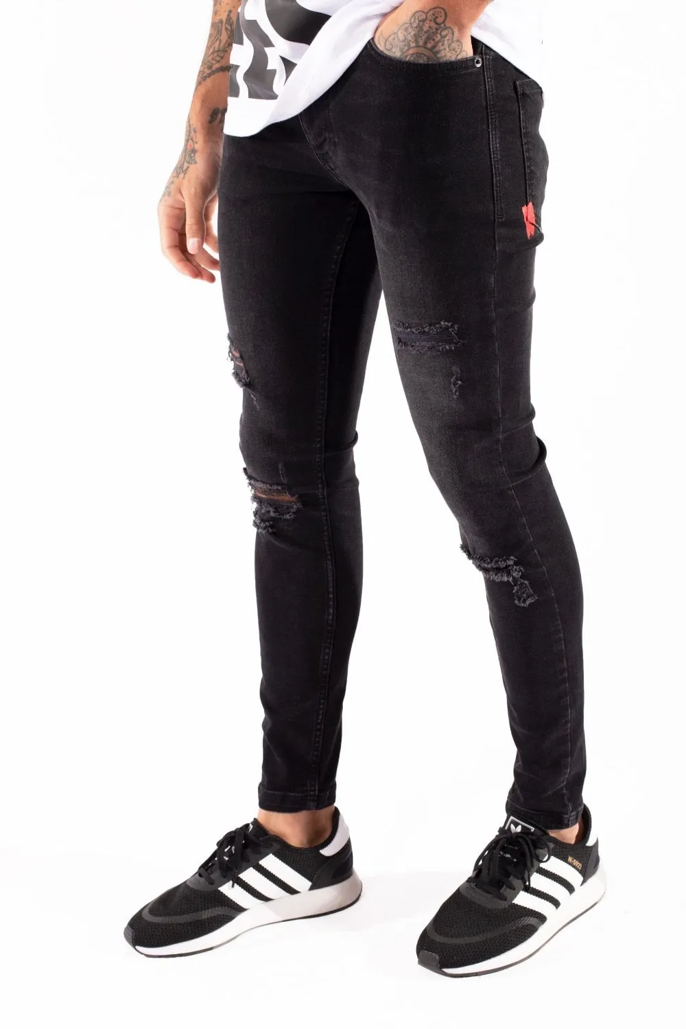 ESSENTIAL SUPER STRETCH DISTRESSED JEANS SKINNY FIT JET BLACK WA