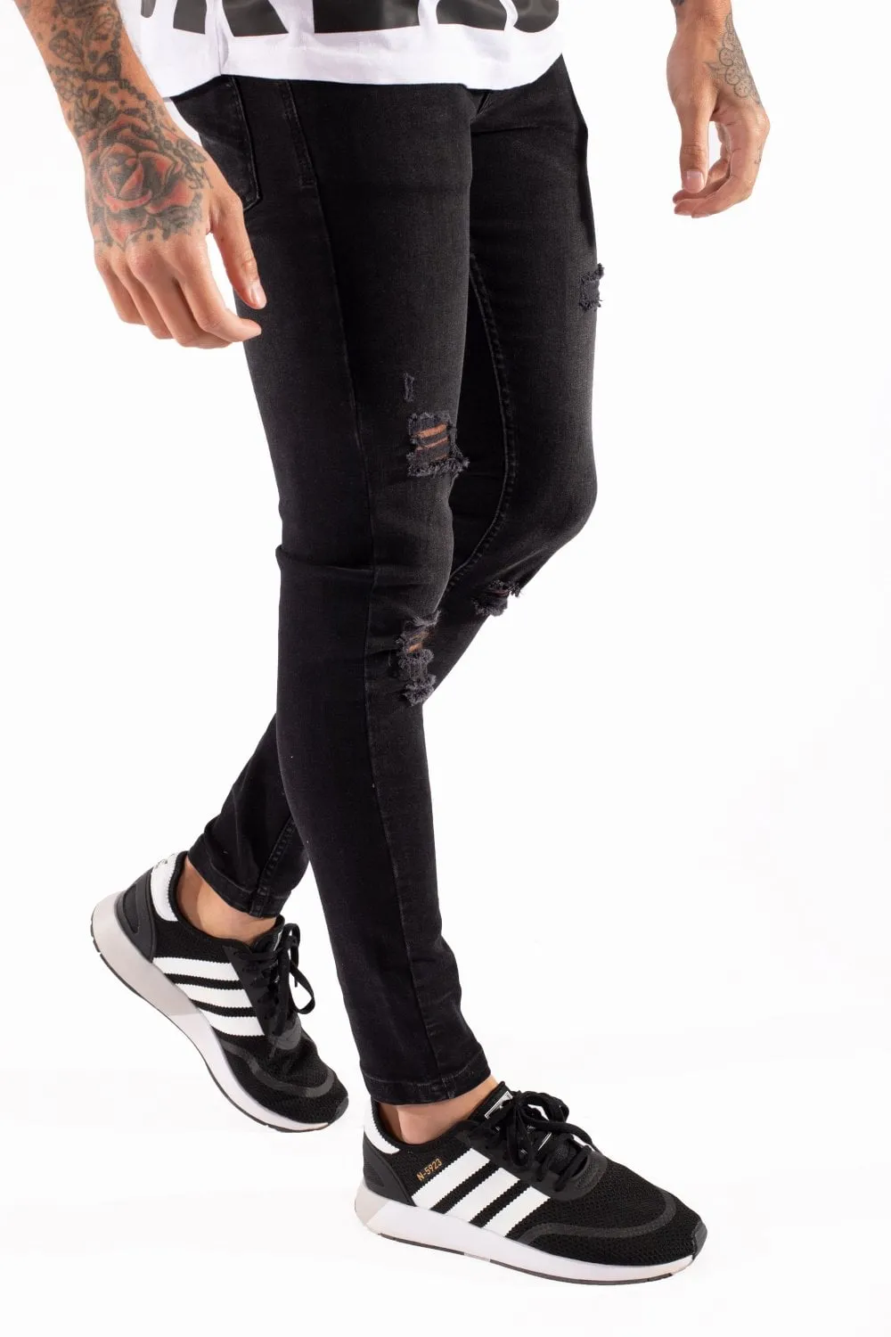 ESSENTIAL SUPER STRETCH DISTRESSED JEANS SKINNY FIT JET BLACK WA