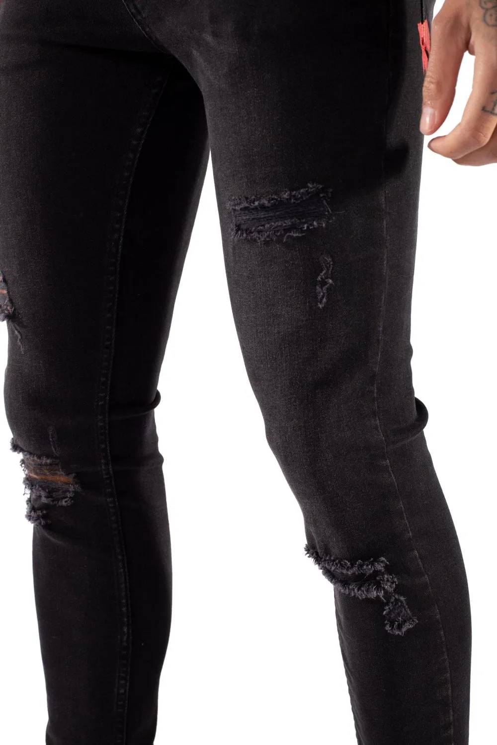 ESSENTIAL SUPER STRETCH DISTRESSED JEANS SKINNY FIT JET BLACK WA