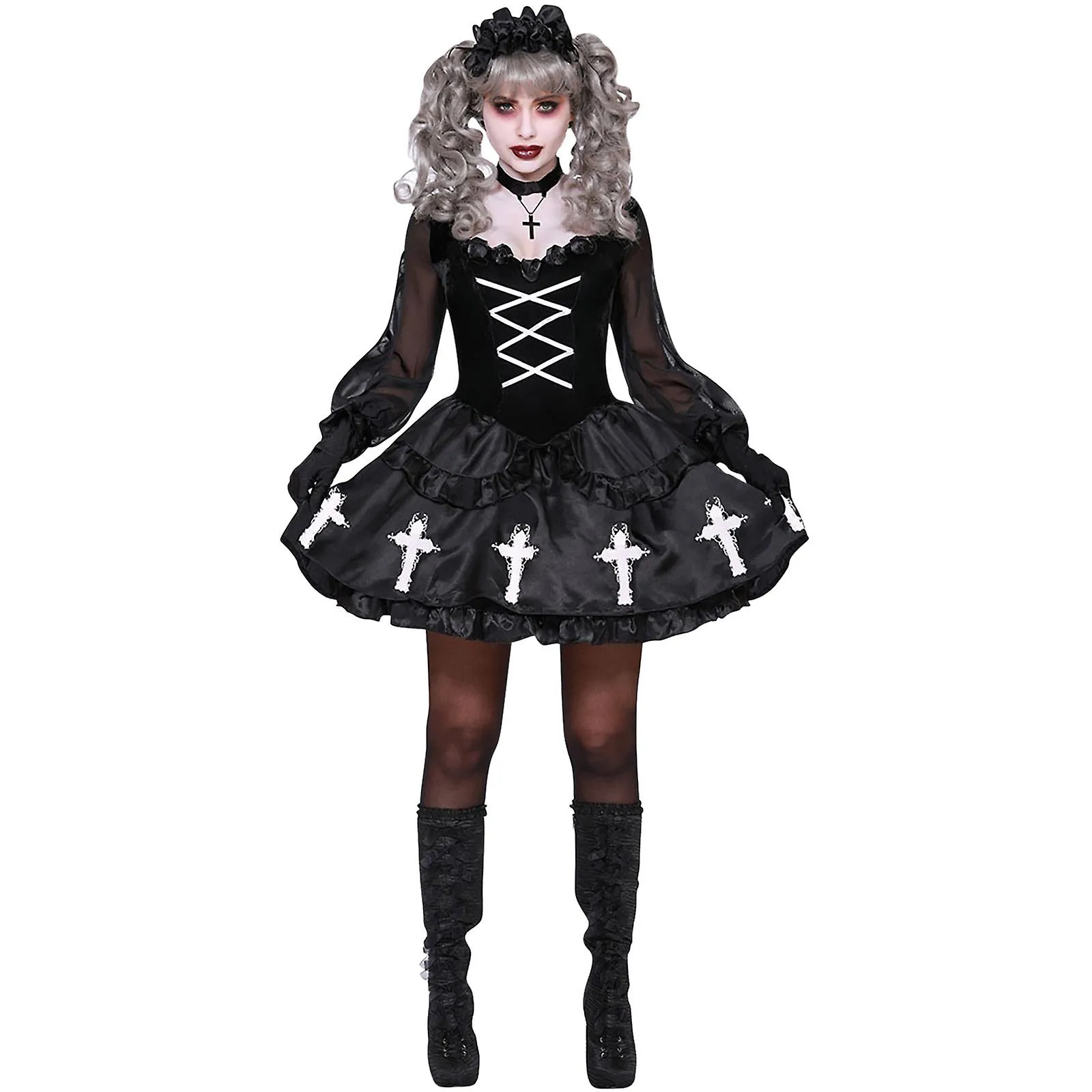 Halloween Women's Horror Role Play Mesh Sleeves Pleated Hem Long Sleeve Dress