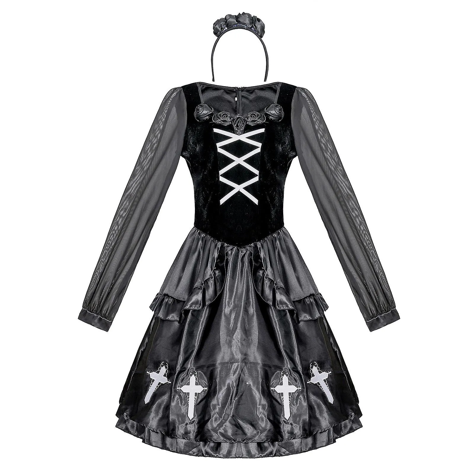 Halloween Women's Horror Role Play Mesh Sleeves Pleated Hem Long Sleeve Dress