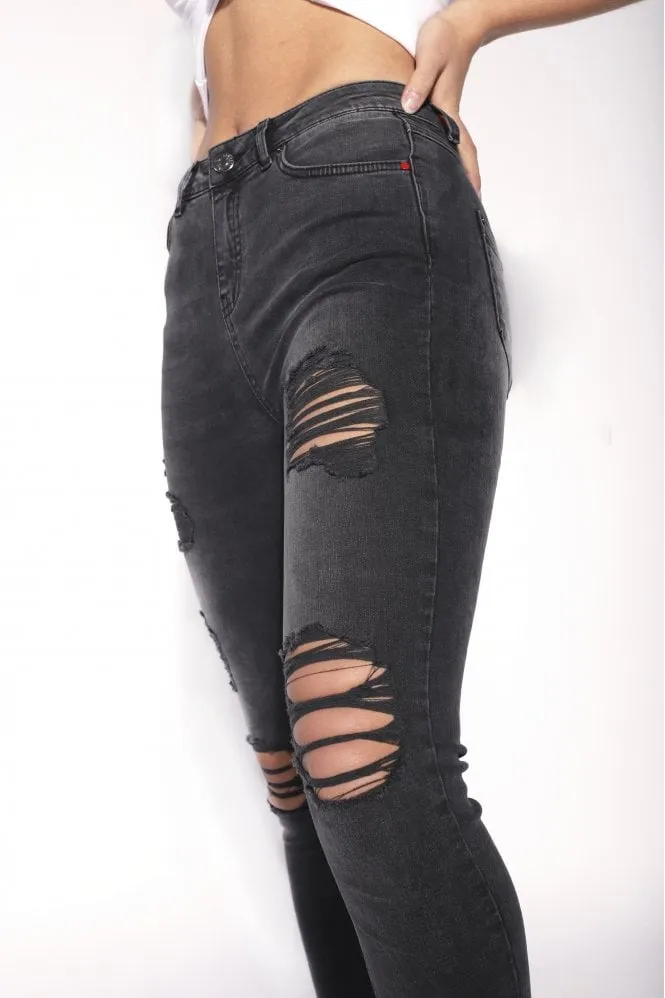 HIGH WAISTED RIP AND REPAIR SKINNY JEANS WASHED BLACK