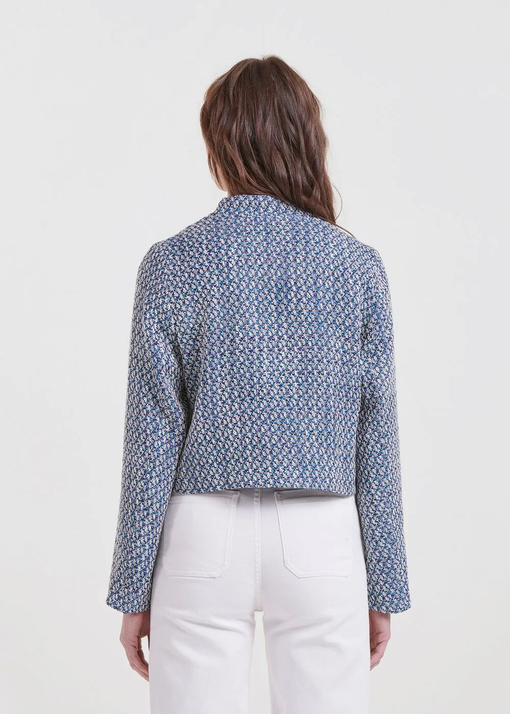 LA FEE MARABOUTEE Chaqueta corta recta de jacquard con cuello mao en azul