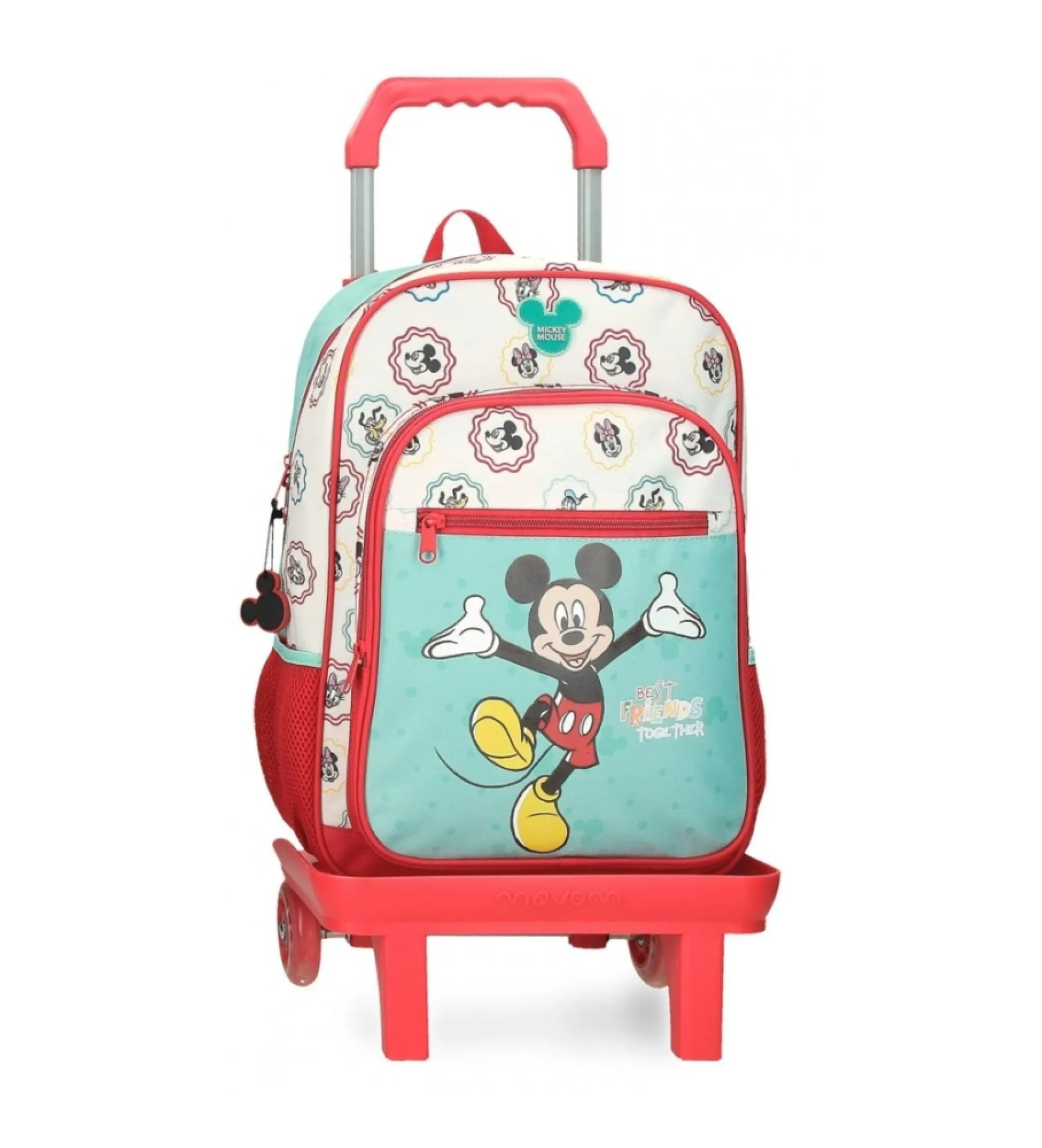 Mochila escolar Mickey Best friends together con carro blanco, verde