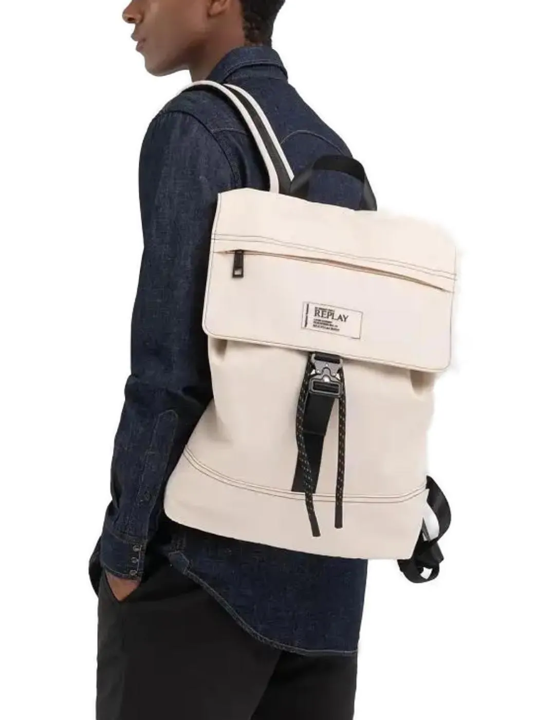 Mochila Replay beige de sarga cierre solapa unisex