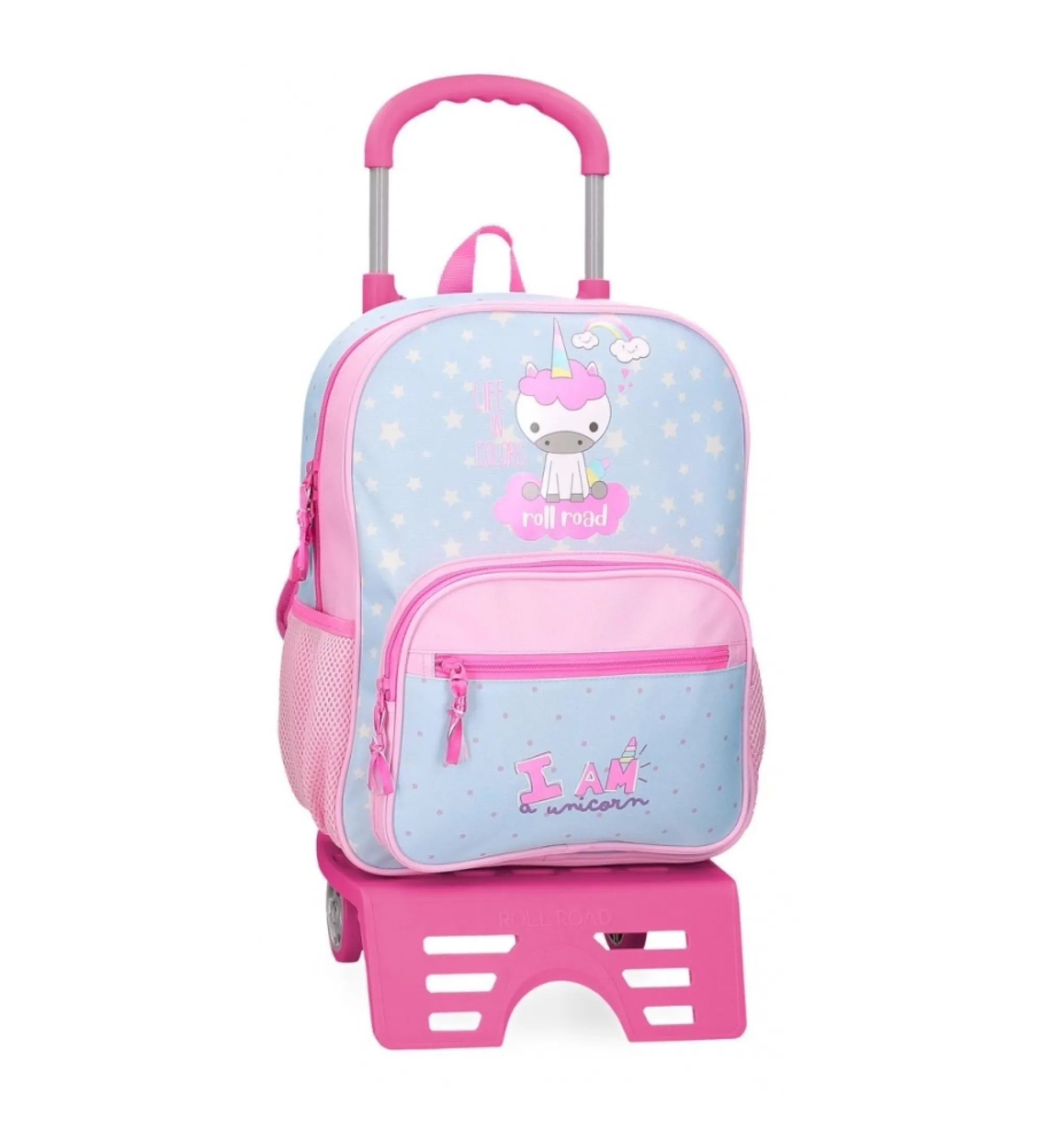 Mochila Roll Road I am a unicorn 38 cm con carro azul