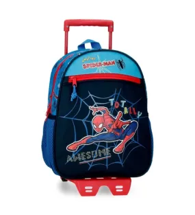 Mochila Spiderman Totally awesome 33cm con carro azul