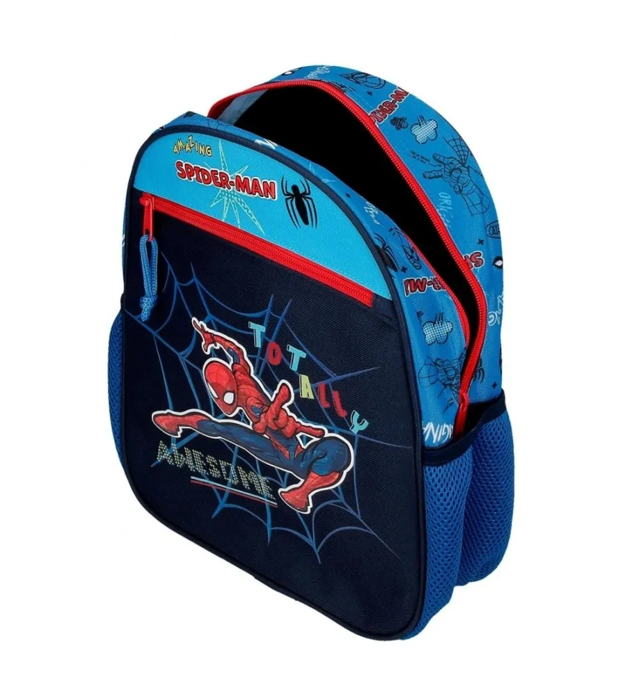 Mochila Spiderman Totally awesome 33cm con carro azul