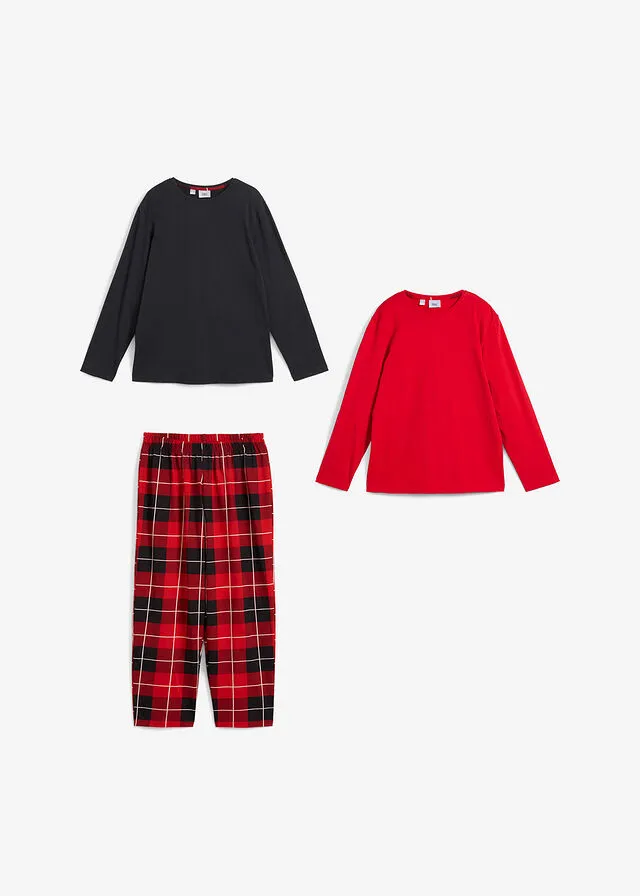 Pantalón de pijama con dos camisetas  (set de 3 piezas) Rojo-negro-blanco de cuadros