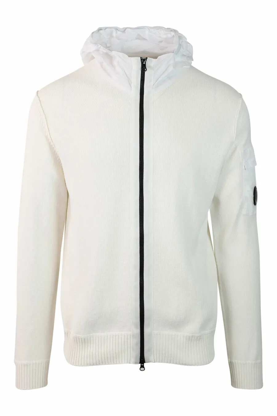 Sudadera blanca con capucha con cremallera y minilogo circular