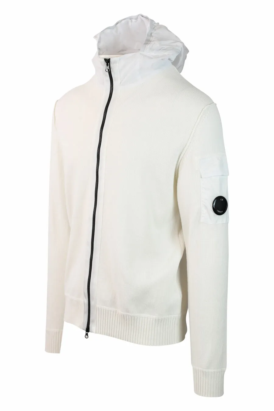 Sudadera blanca con capucha con cremallera y minilogo circular