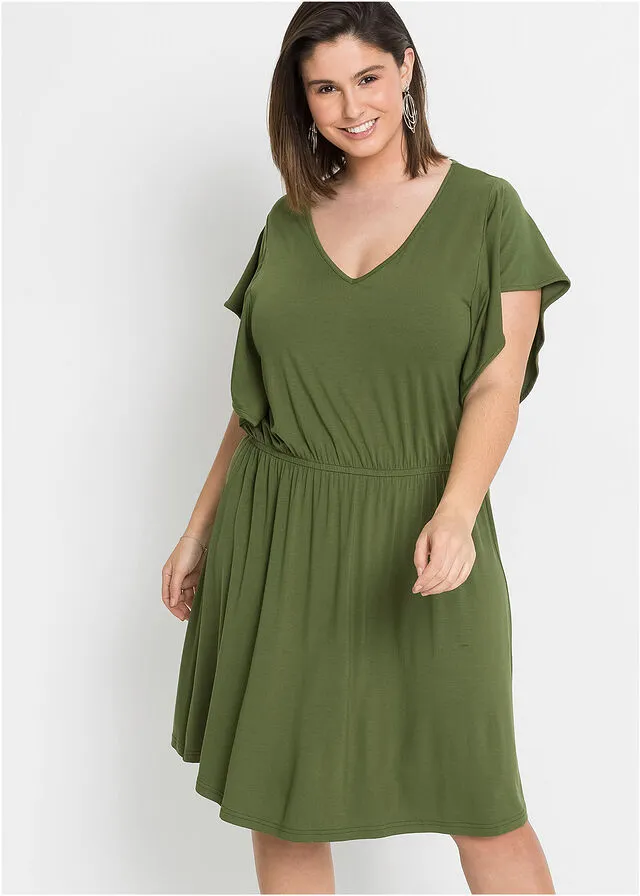 Vestido de punto con mangas de volantes Verde caqui oscuro