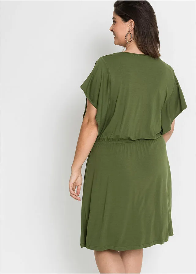 Vestido de punto con mangas de volantes Verde caqui oscuro