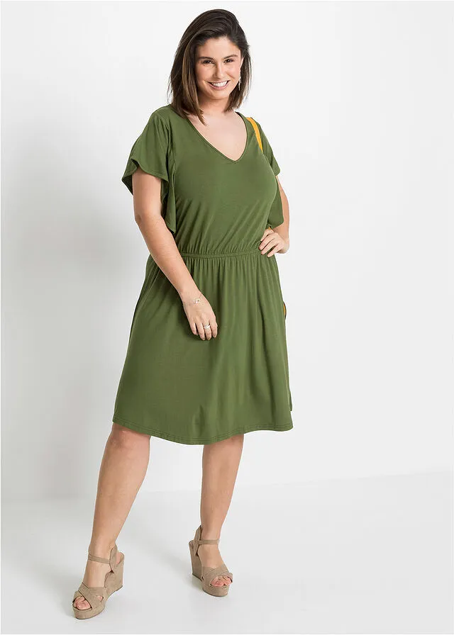 Vestido de punto con mangas de volantes Verde caqui oscuro