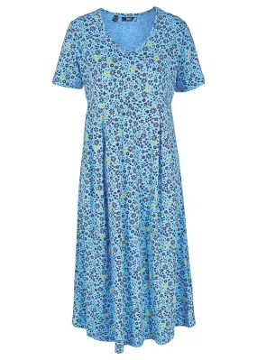 Vestido midi de punto en algodón Azul de flores -amarillo