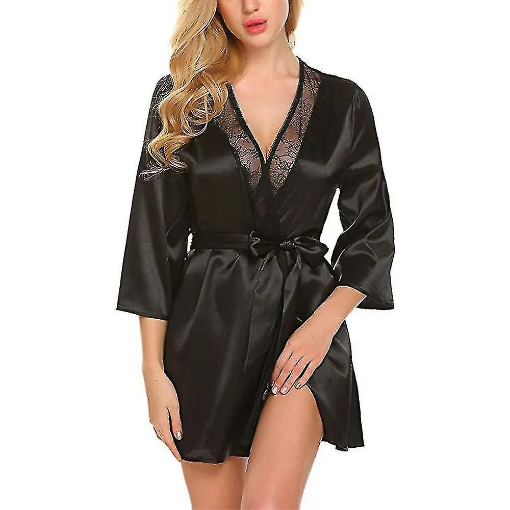 Women Long Sleeve Open Front Sheer Kimono Bathrobe With Belt Sexy Short Sleep Robe Sleepwear Nightwear