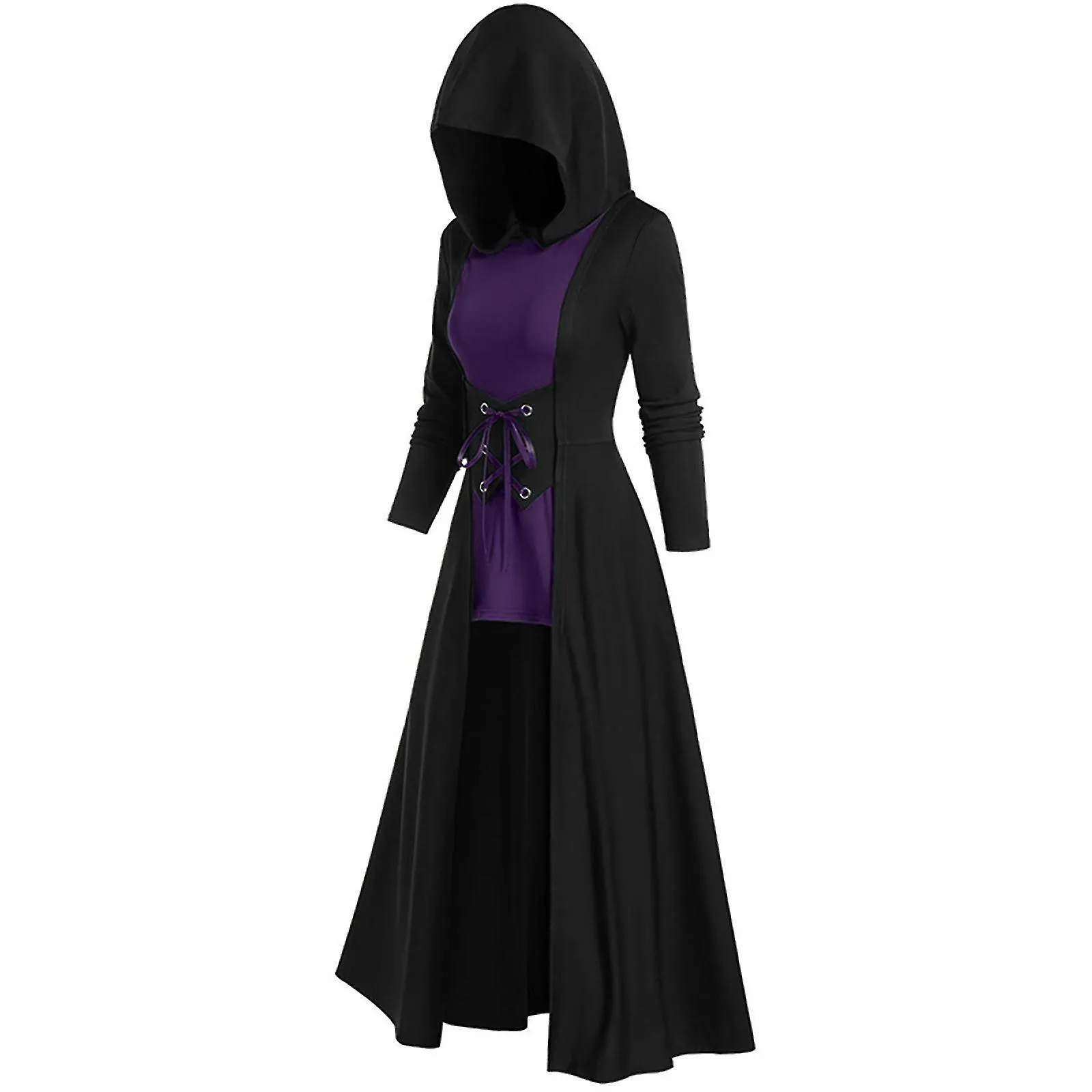 Women's Mid-length Clashing Cape Dress Cosplay Lace-up Long Sleeve Women's Dress #dark Green