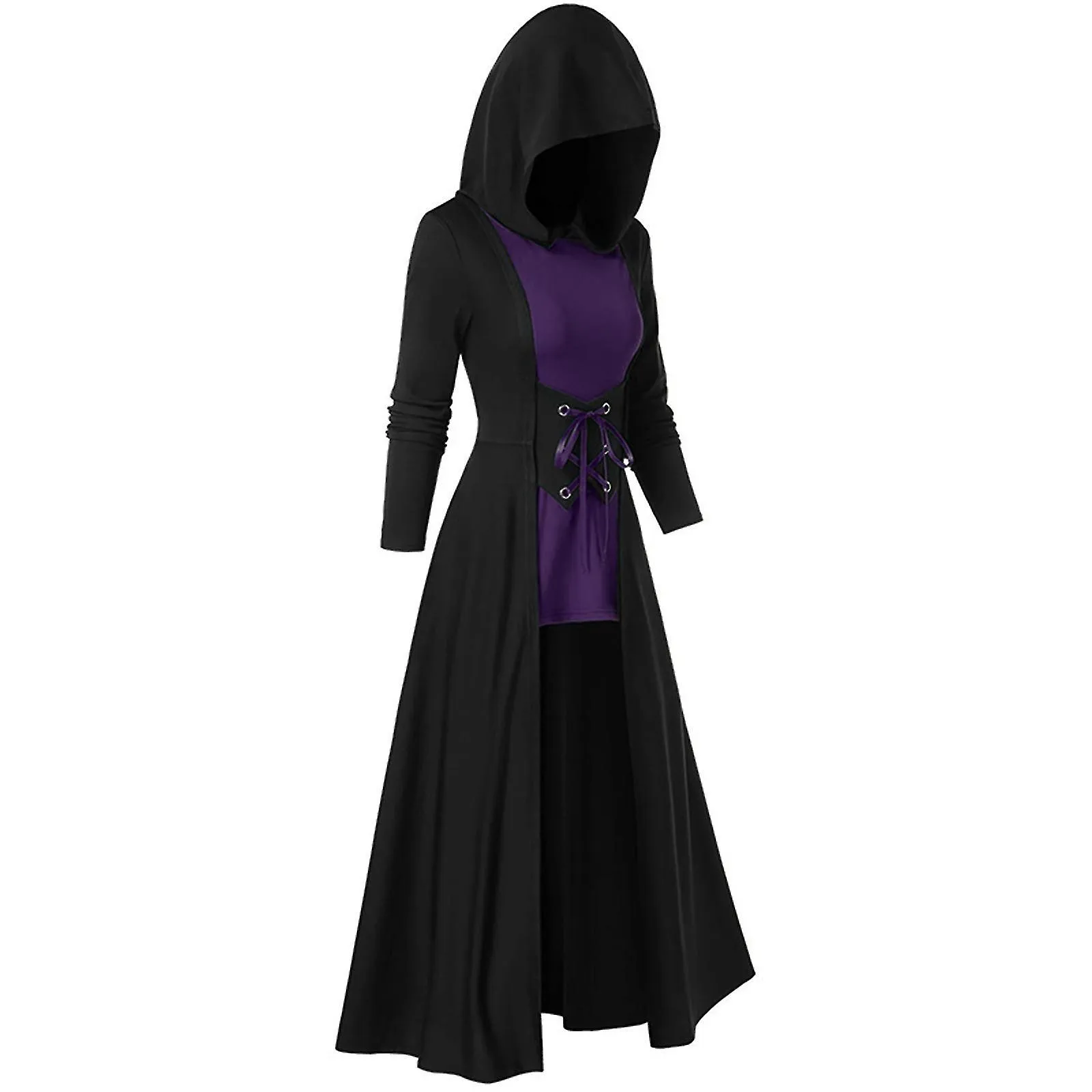 Women's Mid-length Clashing Cape Dress Cosplay Lace-up Long Sleeve Women's Dress #dark Green