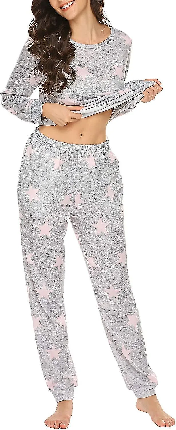 Womens Pajama Set Long Sleeve Sleepwear Star Print Nightwear Soft Pjs Lounge Sets With Pockets