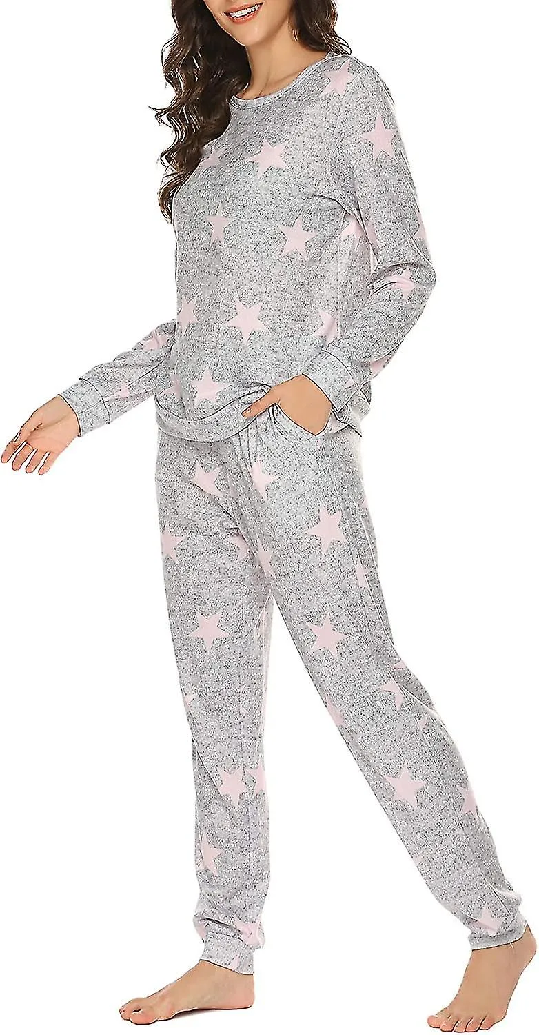 Womens Pajama Set Long Sleeve Sleepwear Star Print Nightwear Soft Pjs Lounge Sets With Pockets