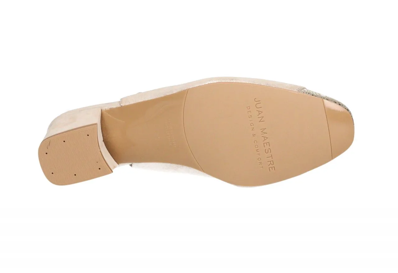 Zapato Nobuck Nude Metalizado Punta Oro Talon Descubierto