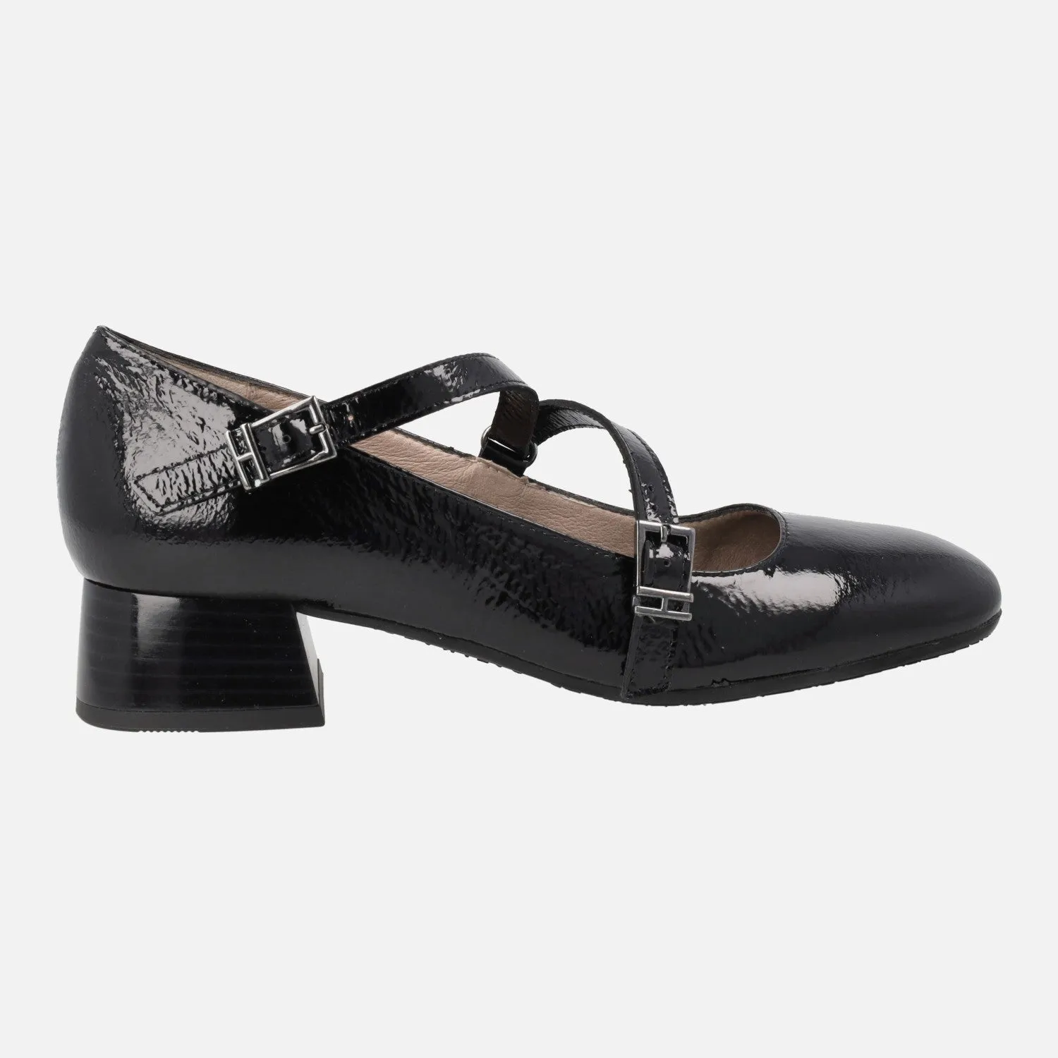 Zapatos de tacón estilo Mary jane en charol negro con puntera cuadrada